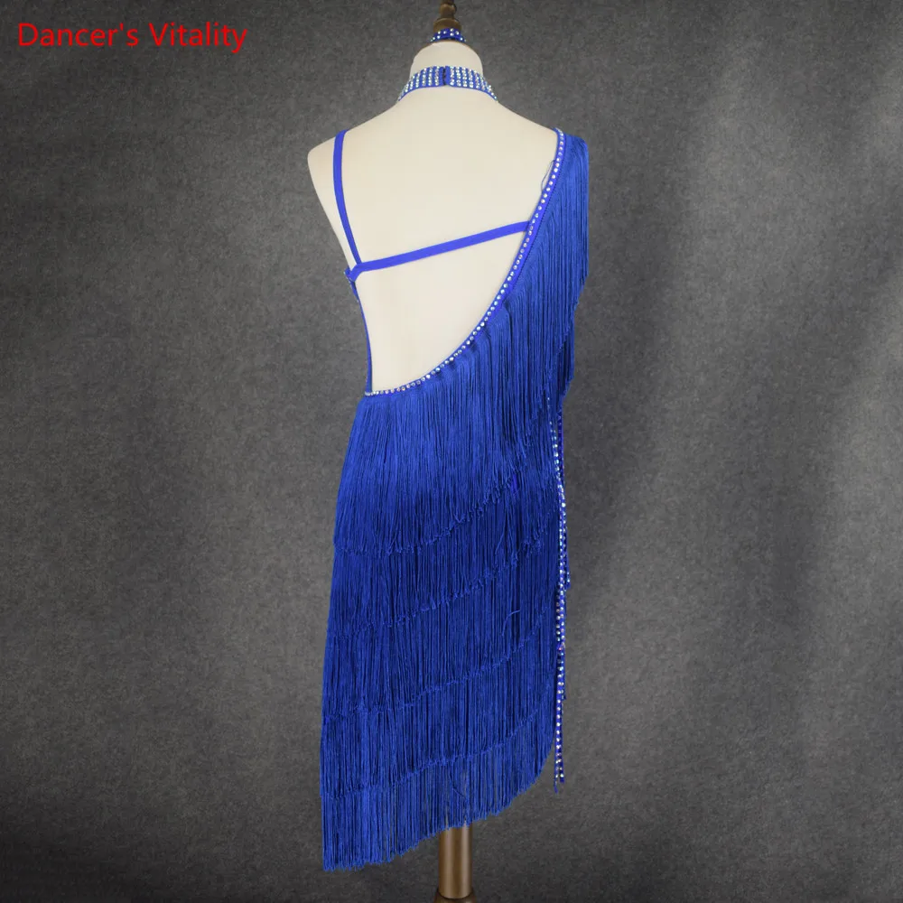 

Dancer's Vitality Tassel Diamond Back Skewed Opening Latin Dance Dress Women Samba Salsa Tango Dress For Latin Competition Dress