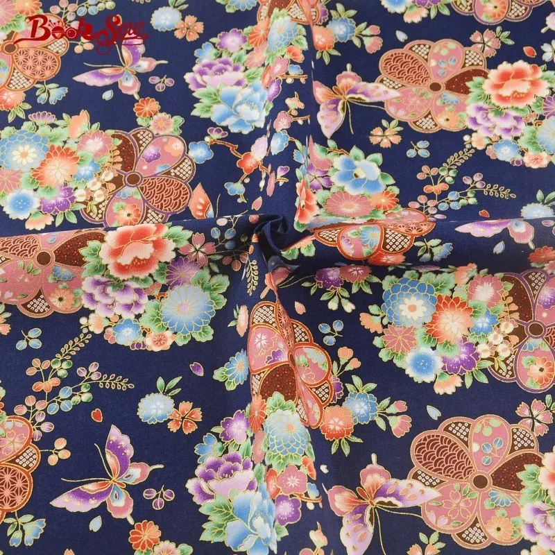 Хлопковая льняная ткань Booksew с бабочками и цветами Золотая фольга темно синяя для