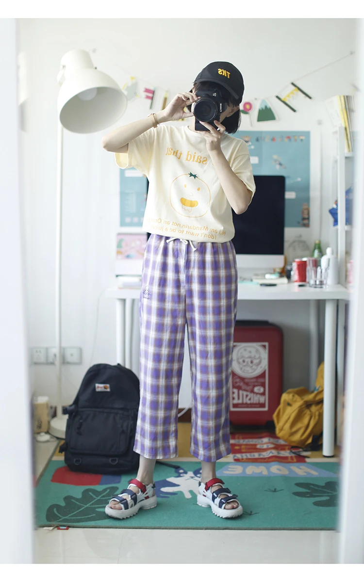 2018 вышивка на завязках фиолетовые клетчатые брюки с высокой талией эластичная