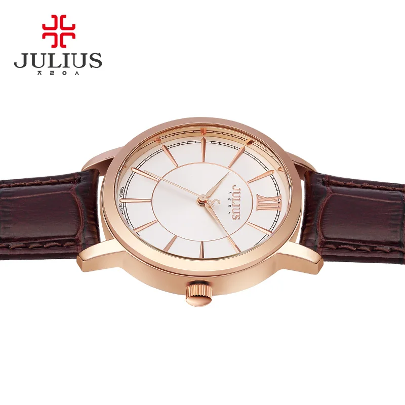 Элегантные женские часы Julius с круглым ремешком и кожаным простые серебристые