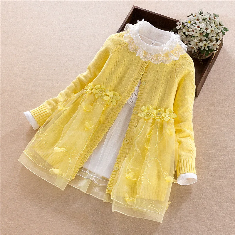 Детские платья для девочек вязаное платье-свитер с цветами осенне-зимняя