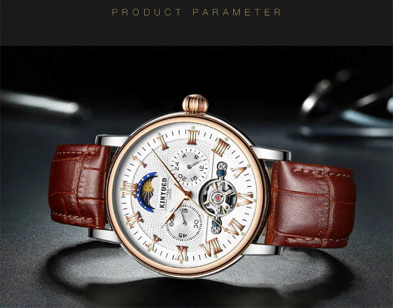 KINYUED Роскошные автоматические часы с фазой Луны для мужчин хронограф Tourbillon для мужчин s Скелет механические часы бренд Relogio Masculino