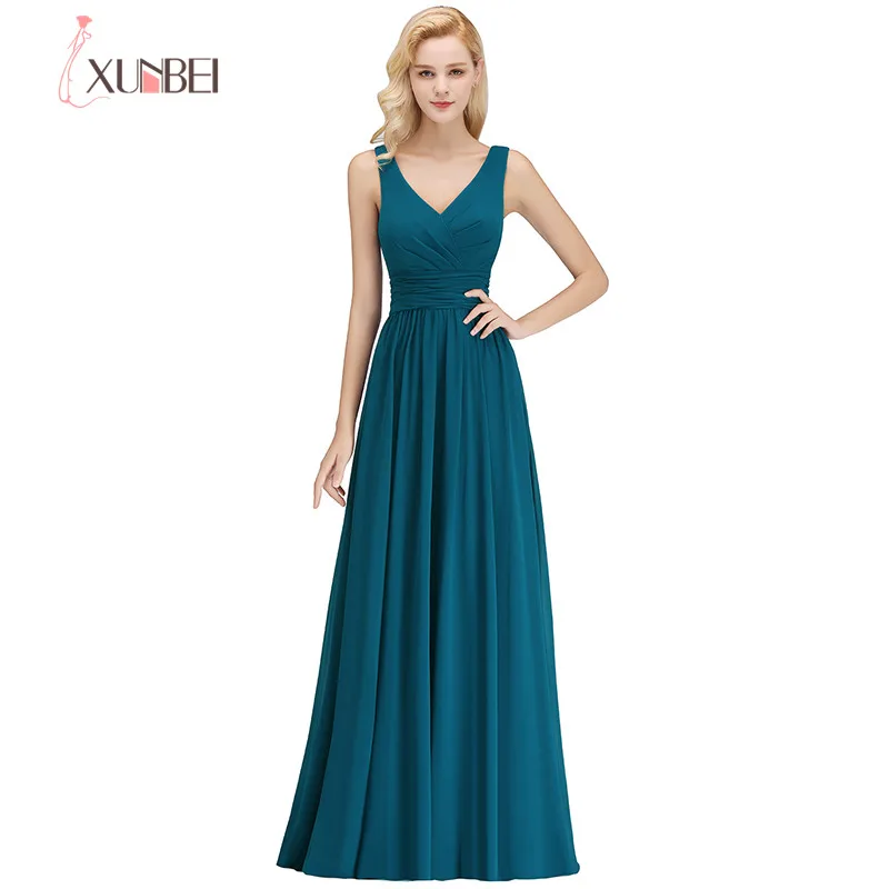 

2018 Custom Made 34 Colors Elegant V Neck Floor Length Evening Dress Sleeveless Chiffon Long Party Dress Robe De Soiree Longue