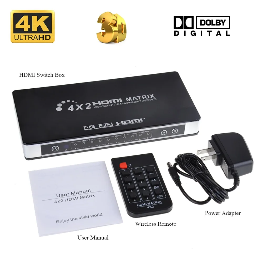 Iseebiz 4 К к HDMI матрица 4X2 Переключатель Splitter Поддержка toslink аудио + L/R экстрактор с ИК