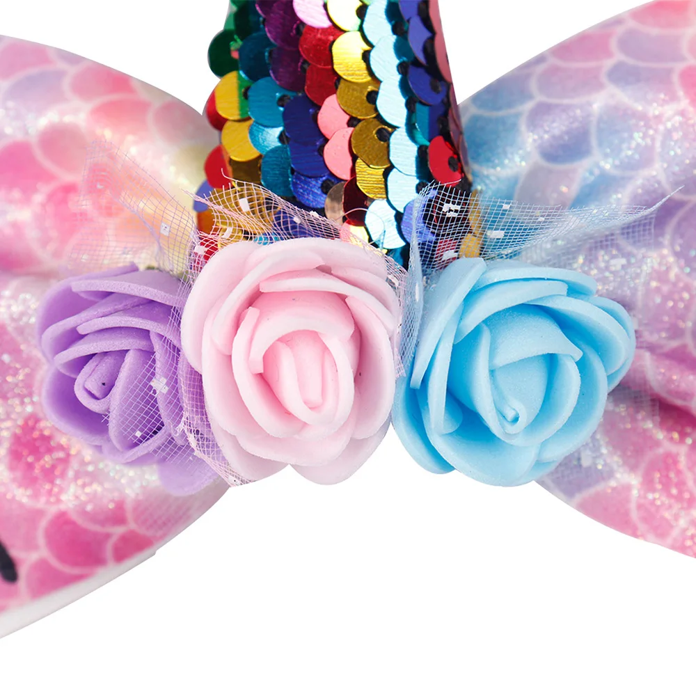 6 Inch Glitter Rainbow Unicorn Baby Bows Sequin Horn With Flower Clothing Hair Clips For Kids Girls Accessories | Детская одежда и