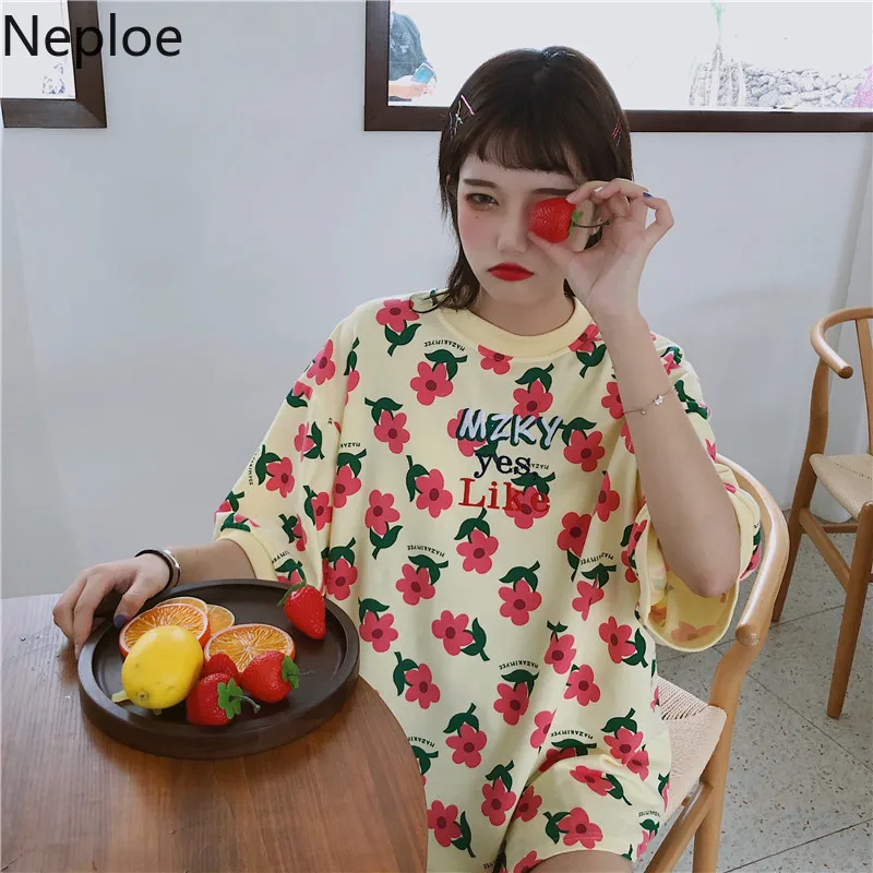 Женские футболки с цветочным принтом Neploe корейские повседневные круглым вырезом