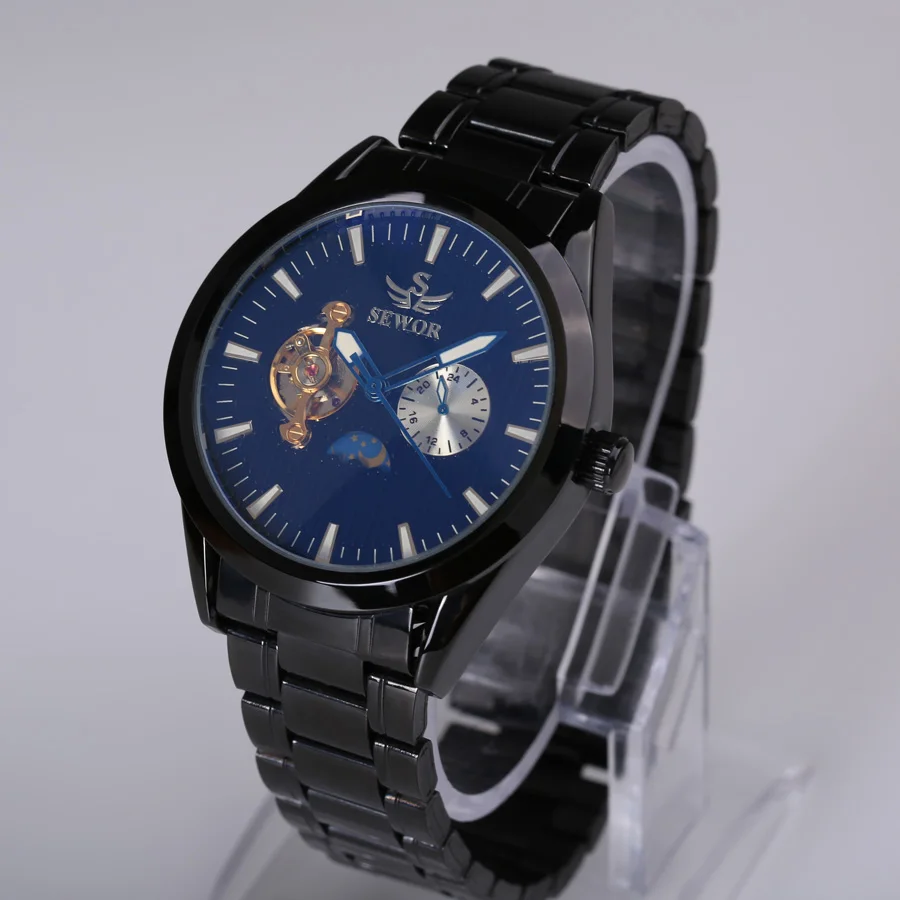 Sewor2018 top brand 24 hours automatic mens watches black steel multifunction tourbillon mechanical watch luxury reloj hombre | Наручные