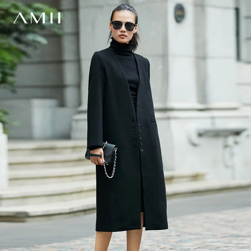 Amii Минималистичная шерстяная куртка с v-образным вырезом Wom зимняя новая однотонная однобортная винтажная Женская Длинная шерстяная куртка