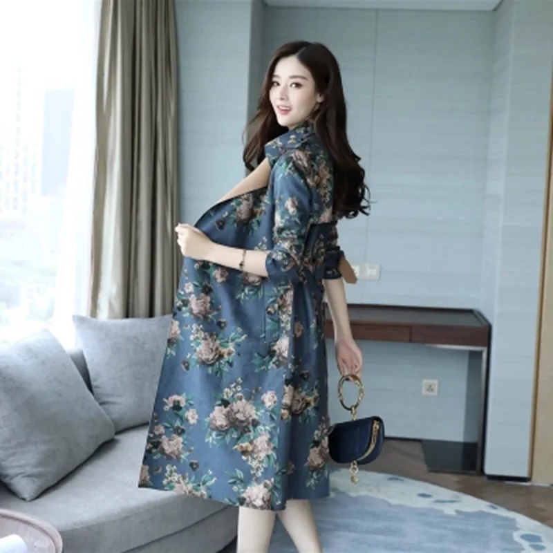 Женский Длинный тренчкот с цветочным принтом замшевая облегающая ветровка