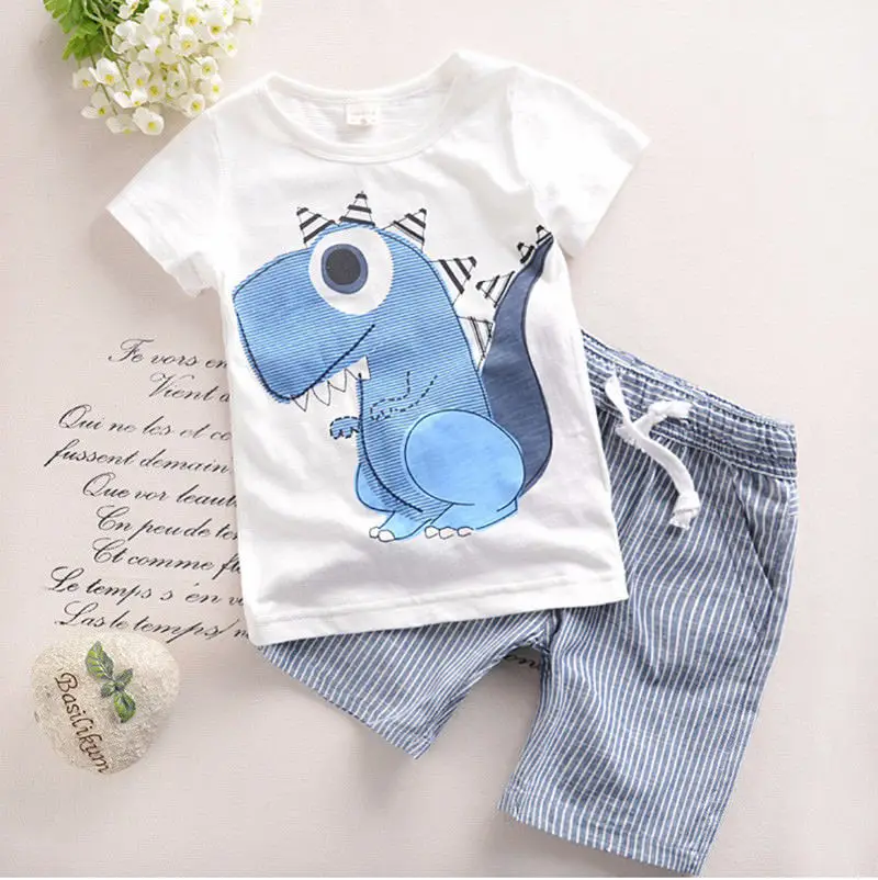 2019 New Summer Toddler Kid Baby Boy Clothes Causal Dinosaur T-shirt Top Tee Strip Short Pants Outfits Set 2PCS | Детская одежда и