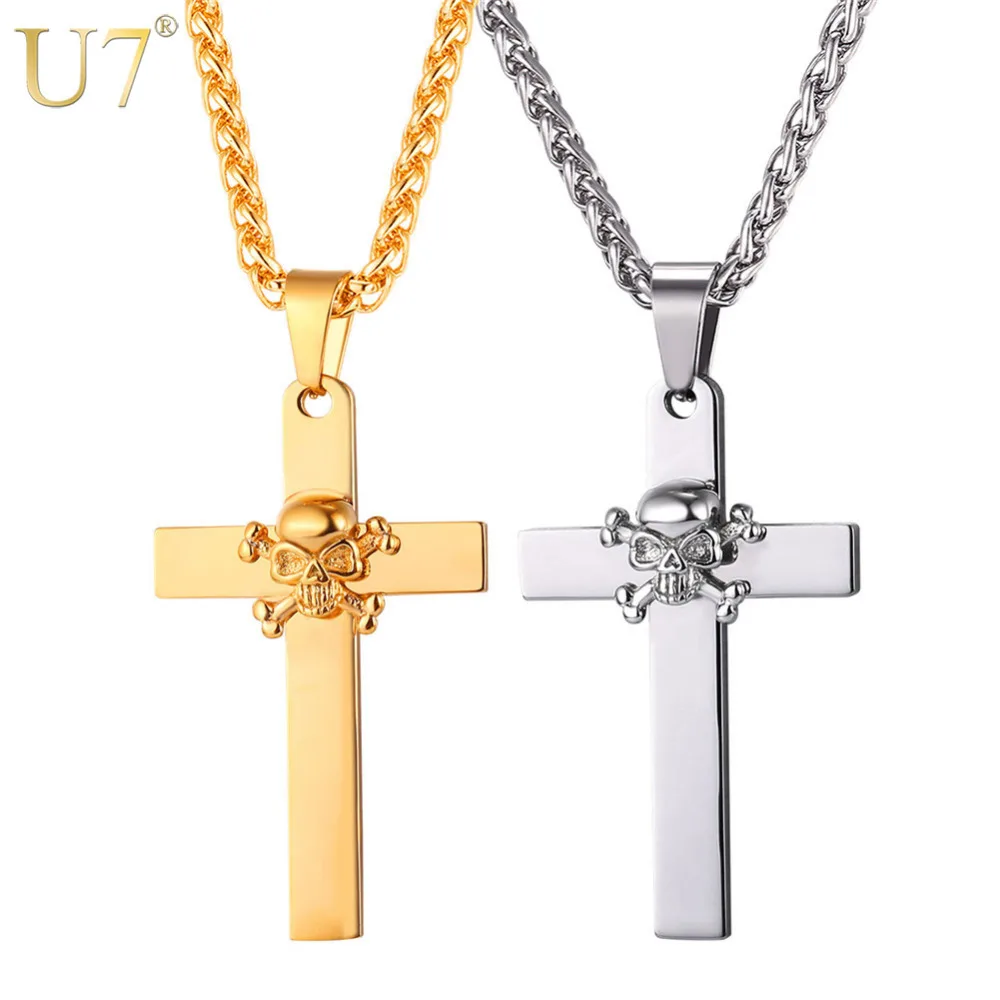 U7 Скелет Пирата Крест Кулон С Цепочкой Ожерелье Из Нержавеющей Стали Череп Панк