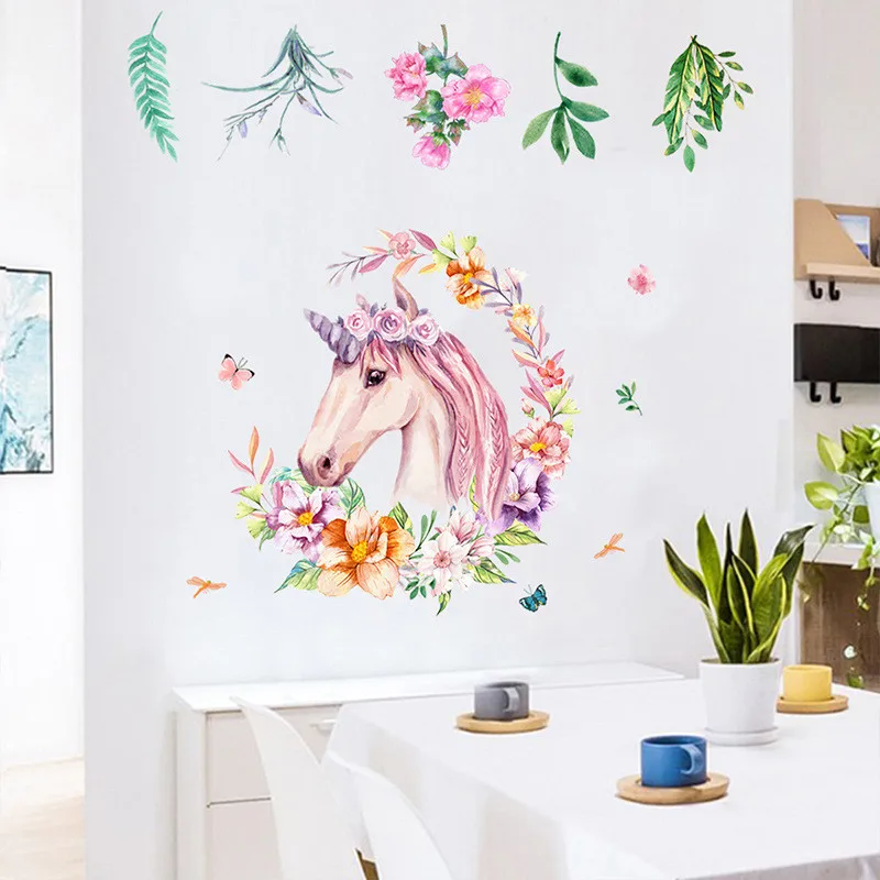 Nordic Style Flower Unicorn Wall Sticker For Kids Room Home Decor Animal Decals Nursery Baby Bedroom Mural | Дом и сад