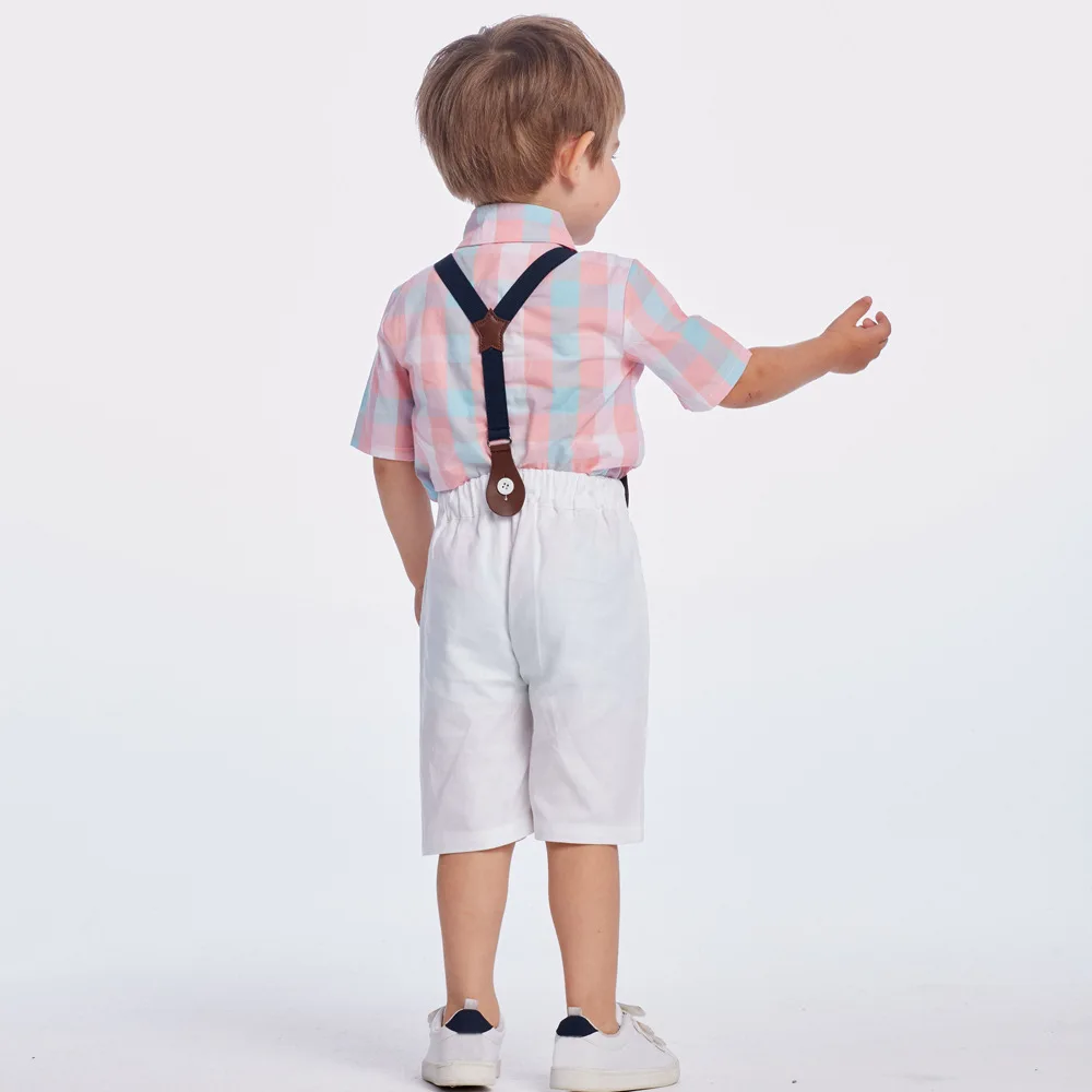 Baby Boy Plaid Shirt with Bow Clothes For Newborn Outfit one Years Birthday Party Summer Romper Strap White Shorts Set |
