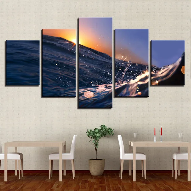 

Framed Home Decor Canvas HD Prints Wall Art Pictures 5 Pieces Sunrise Sunshine Sea Waves Paintings Home Decor Seascape Poster