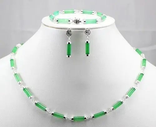 Natural green Tibetan stone Silver Fortune Necklace Earrings Bracelet Set