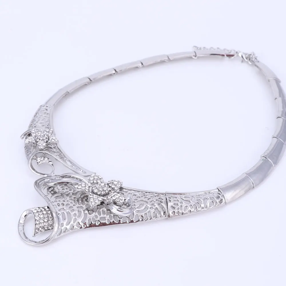 Модные Дубай хрустальные стразы в виде цветка ожерелье наборы посеребренные