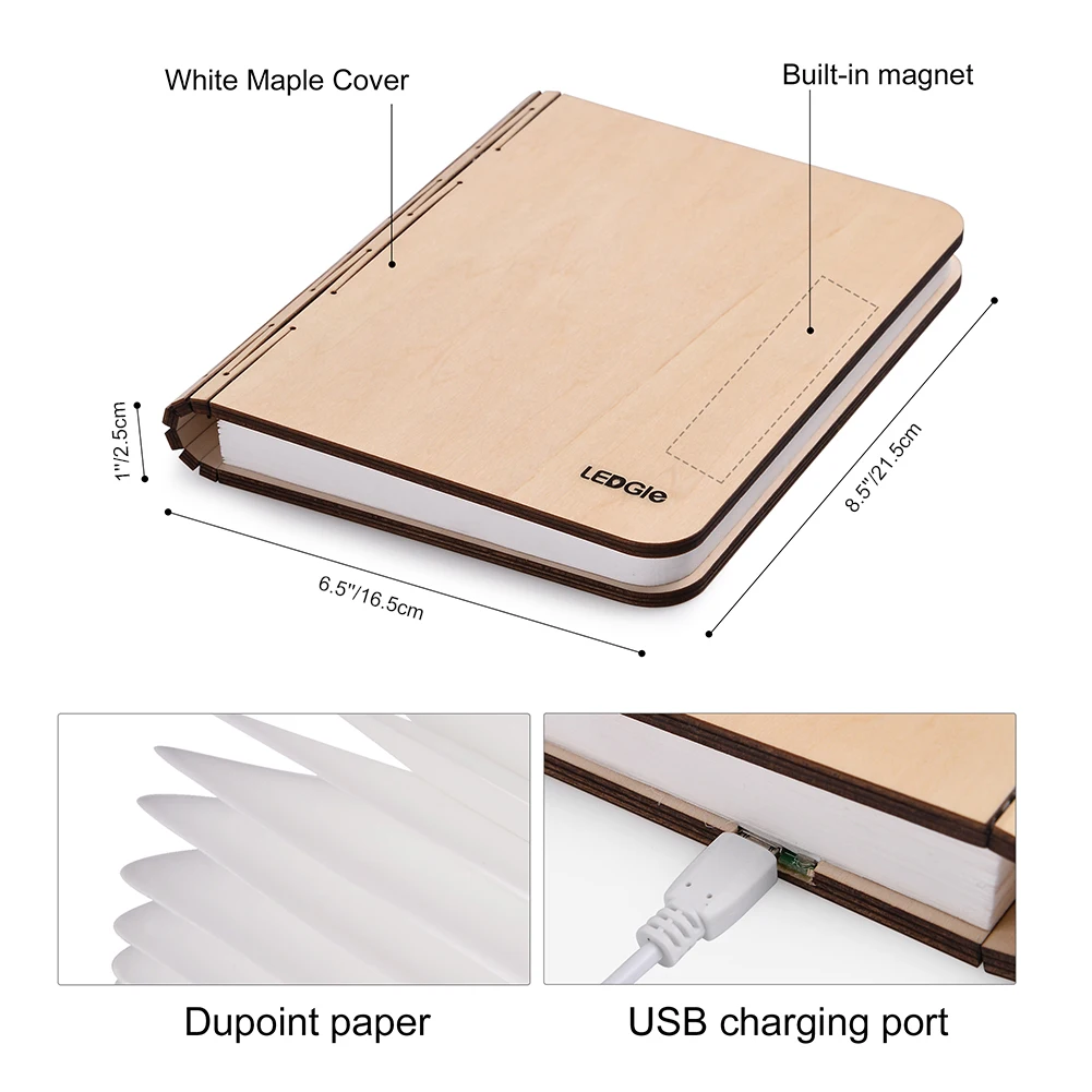 LEDGLE LED деревянная книжная лампа USB перезаряжаемая Складная Ночная креативная