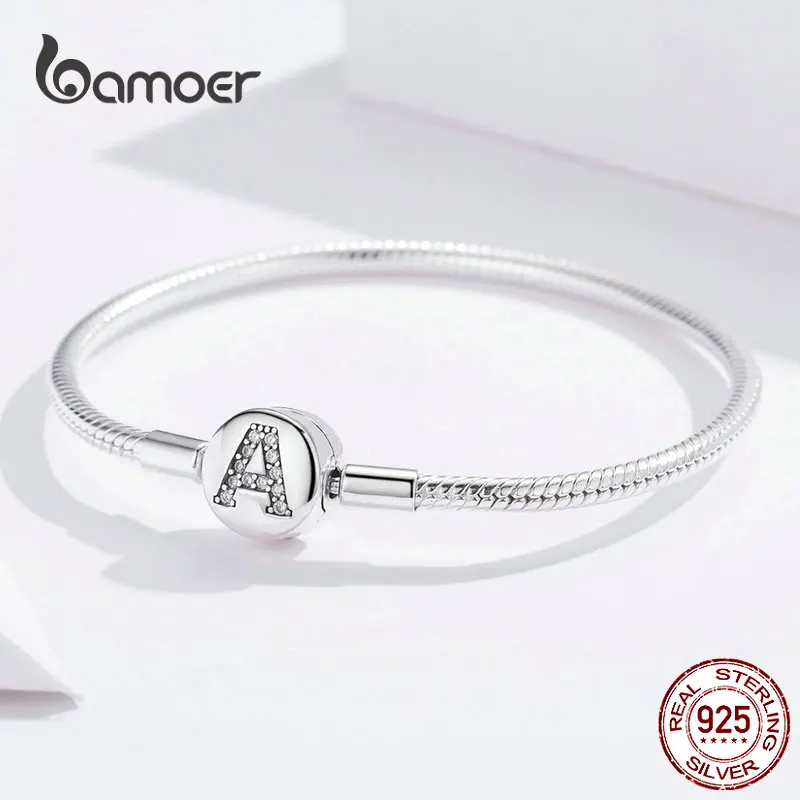 BAMOER серебряный браслет со змеей 925 пробы Серебряный прозрачный CZ письмо клип браслеты 3 мм для роскошного бренда DIY Ювелирные изделия SCB140
