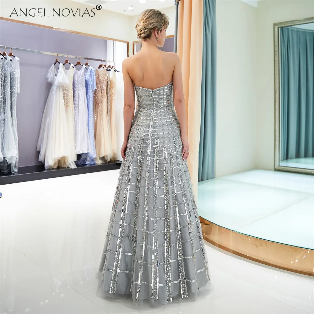 Женское длинное вечернее платье ANGEL NOVIAS серебристое блестящее с бисером Ливан