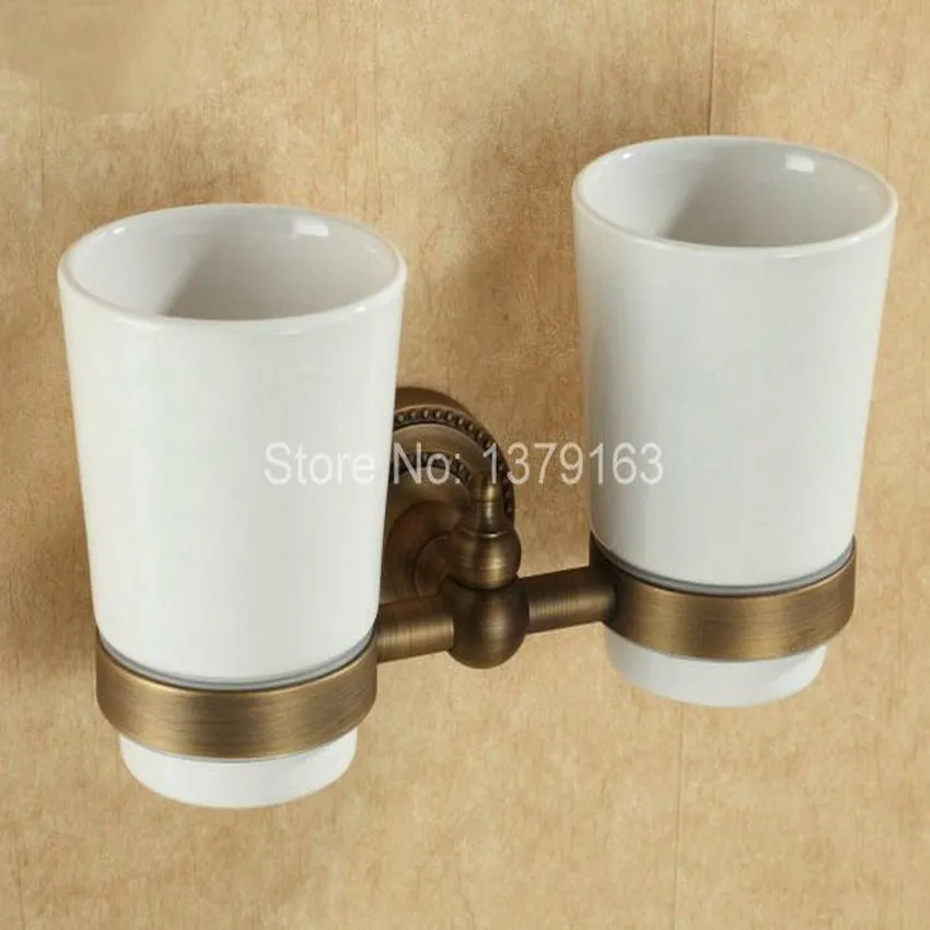 

Antique Bronze Vintage Brass Bathroom Bath Tumbler Holder with Double Ceramics cup Wall Mount aba088