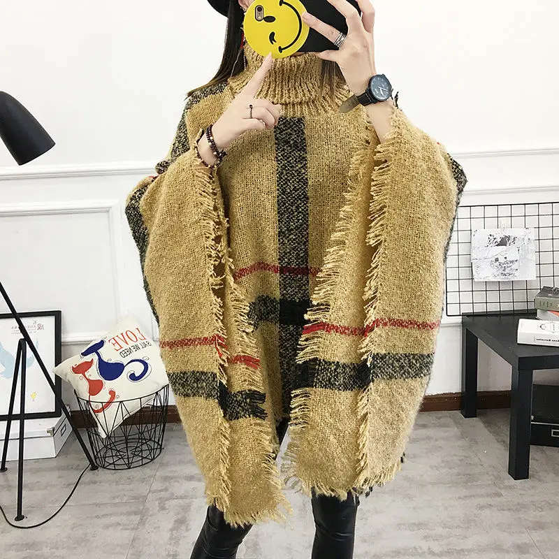 

Spring And Autumn And Winter New Korean Version Of The Retro High Collar Lattice Tassel Cloak Sweater Women's Long Shawl Coat