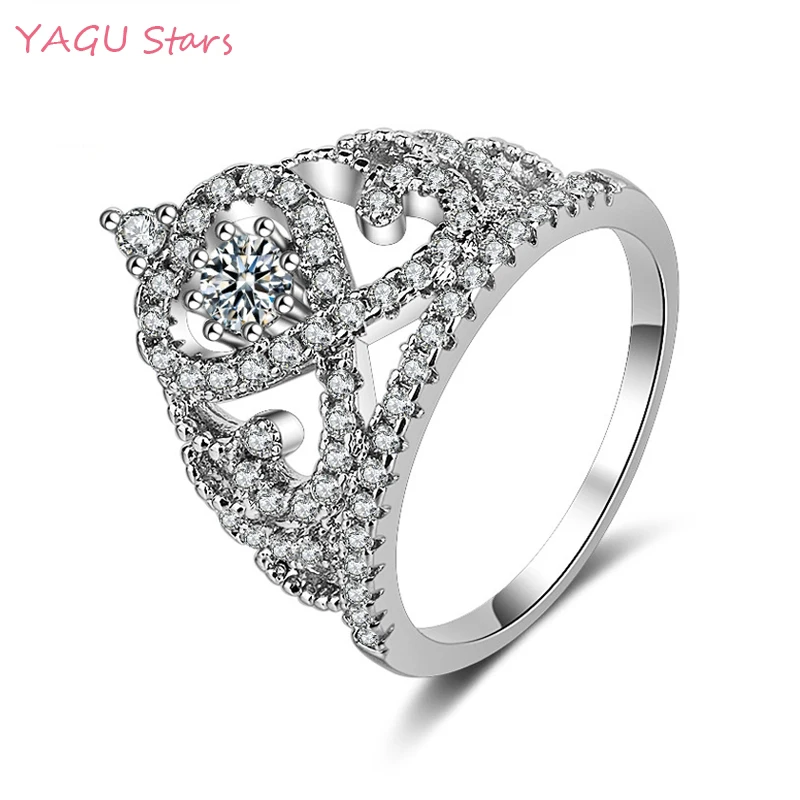 Роскошный 585 белый золотой цвет влюбленных Корона кольцо с фианитом класса ААА