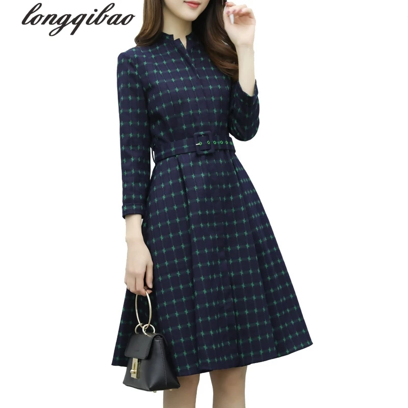 Платье в клетку с высокой талией и рукавами европейском американском стиле AL7427