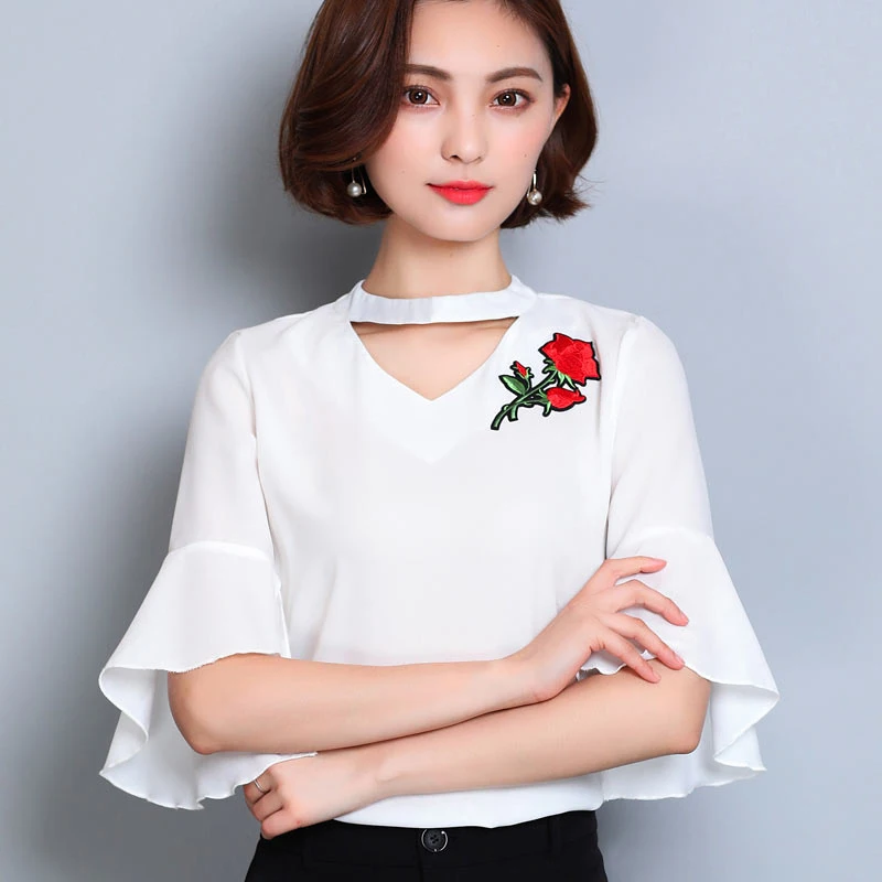 New 2017 Fashion Halter V Neck Blouses For Women Elegant Flare Sleeve Flower Embroidery Chiffon Blouse Blusas Summer Shirts Tops |