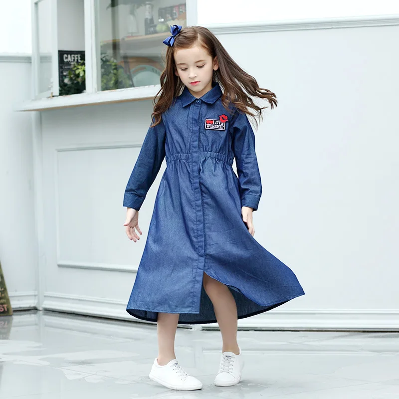 Teenage Girl Long Dress Denim Sleeve Maxi Embroidery Casual with Pockets Children Outfit 8 10 12 14 15 years | Детская одежда и