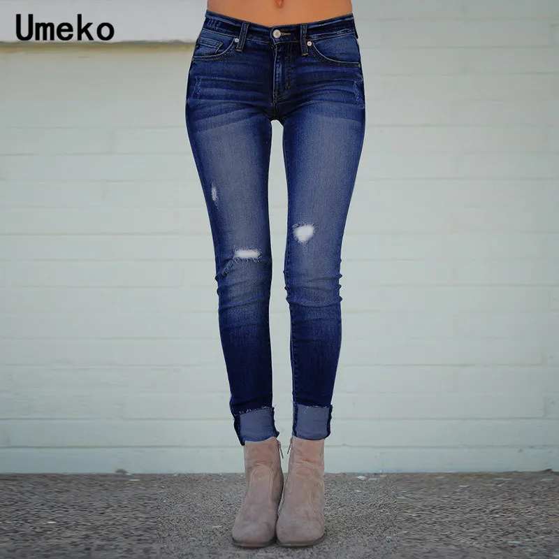 Женские узкие джинсы Umeko синие потертые с высокой талией модные длинные брюки