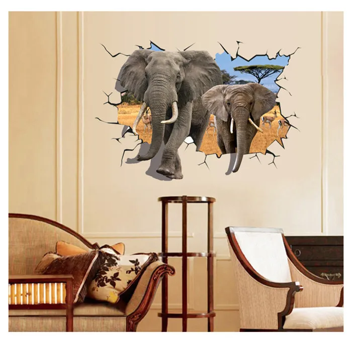 Наклейка большого размера с изображением слонов 3D эффектом на стену спальни
