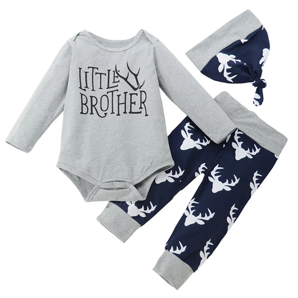 baby girl boys clothes overalls children's winter tracksuits Little Brother Romper Deer Print Trousers Cap costume clothing set | Детская