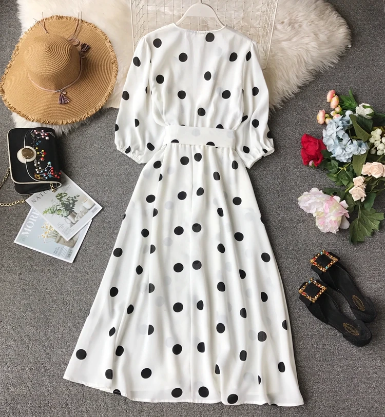 Женское винтажное платье в горошек облегающее пляжное трапециевидной формы с v
