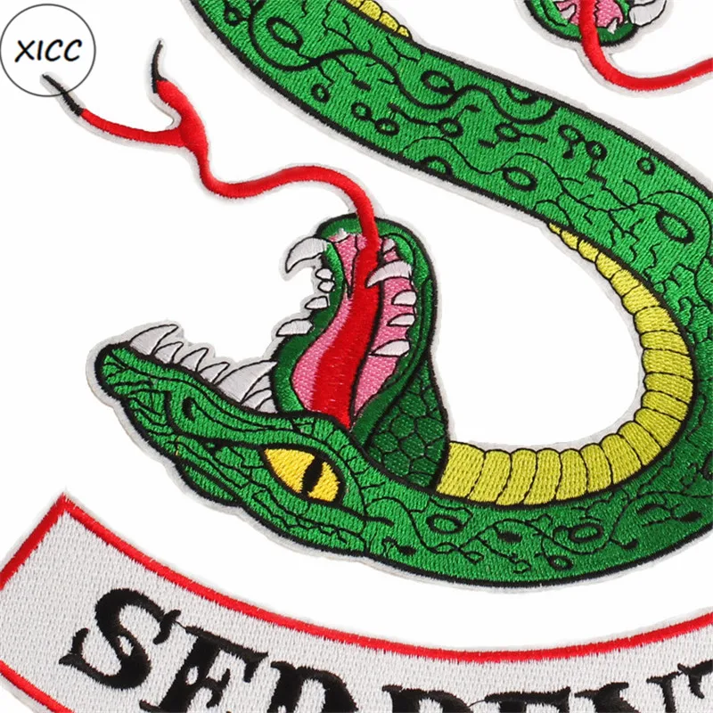 Большой Размеры ривердейл "South Side serpents" утюг на патчи для Костюмы, с рисунком героев из мультфильмов, два головой кобры вышитые наклейки аппликация