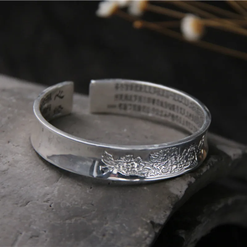 

Vintage 999 Silver Cuff Mantra Bracelet Men Heart Sutra Bangle Peony Flower Bracelet Bangle Tibetan Buddhism Ethnic Jewelry
