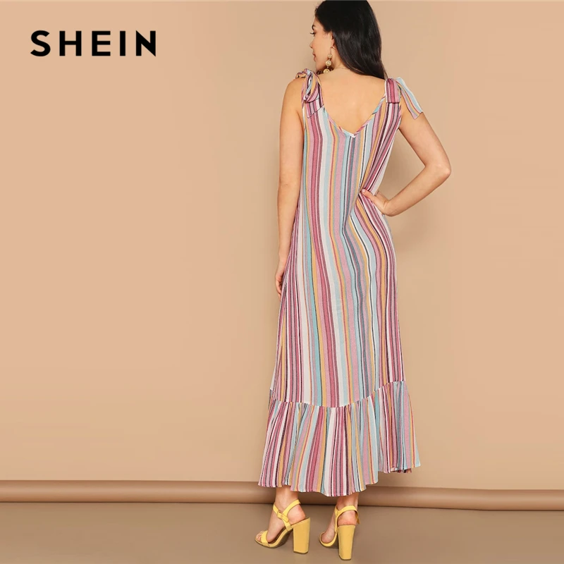 SHEIN Летнее Разноцветное Макси Платье С Круглым Вырезом Без Рукавов Длинное Платье В Полоску