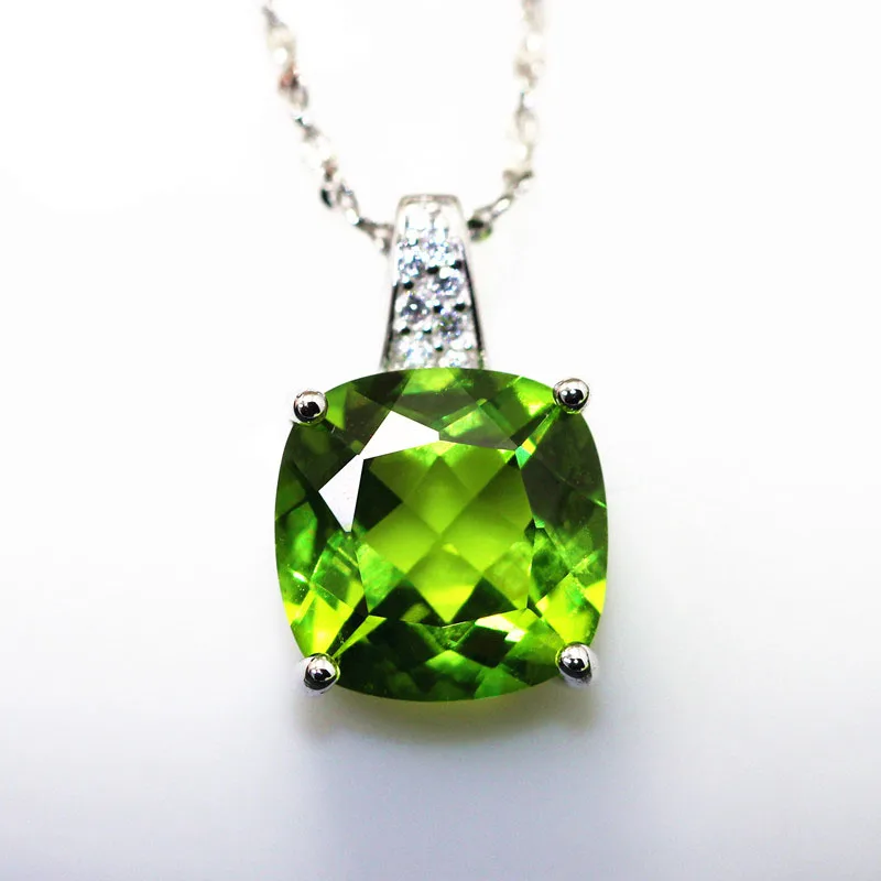 

square cushion brilliant cut peridot gemstones necklace pendants olivine stones inlay S925 silver plated gold in created jewelry