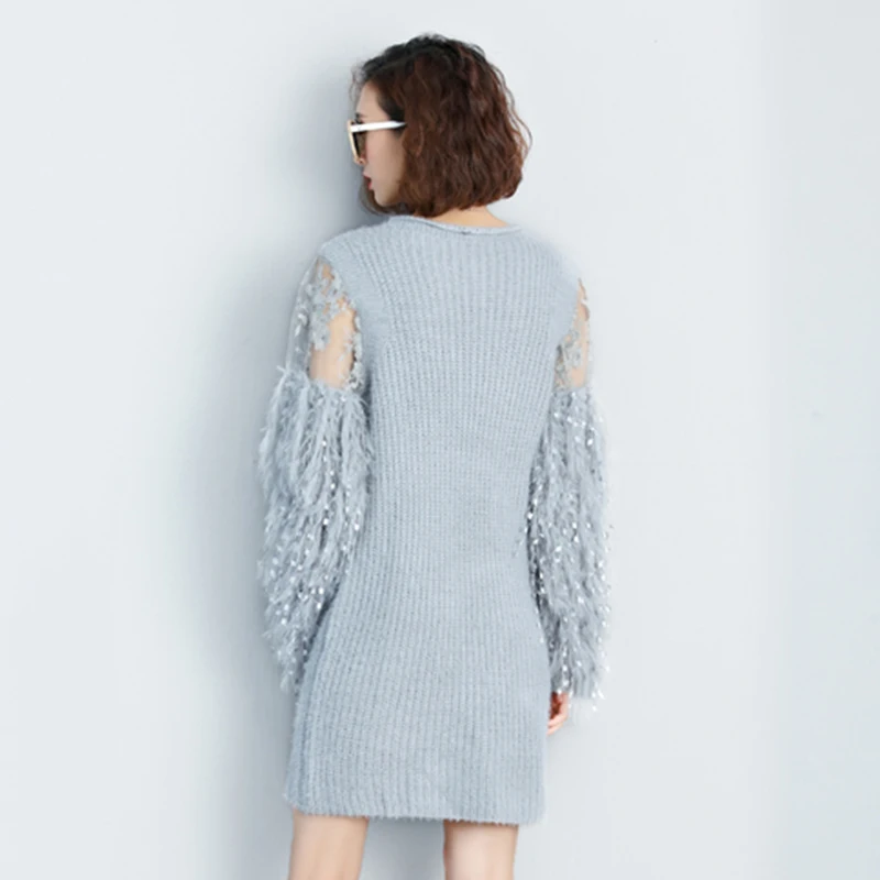 Мода страусиных перьев вязаное платье 2019 Весна элегантное кружевное в стиле