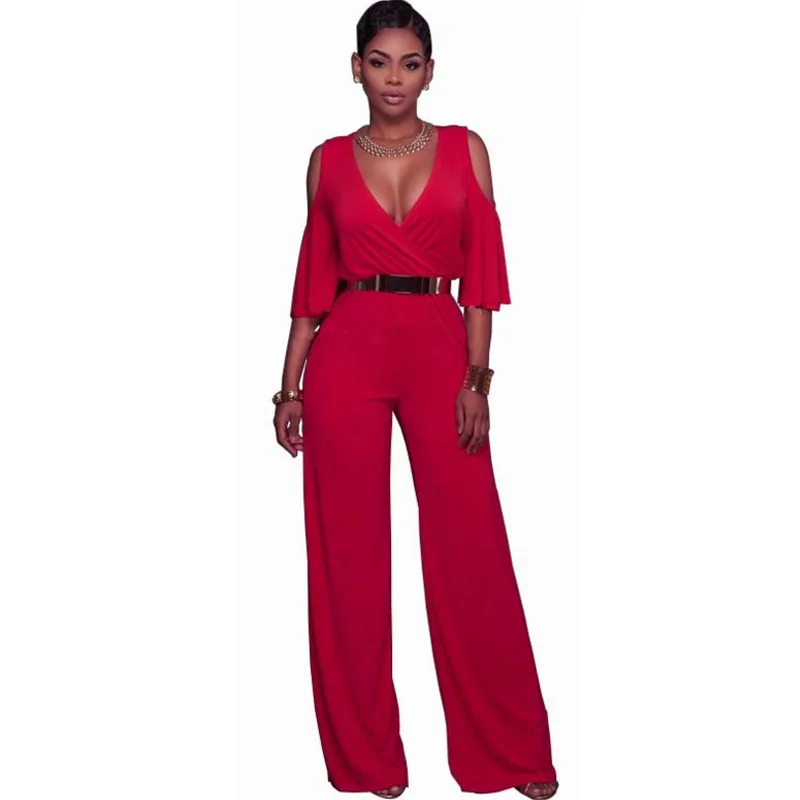 Женский свободный комбинезон с глубоким треугольным вырезом открытыми плечами