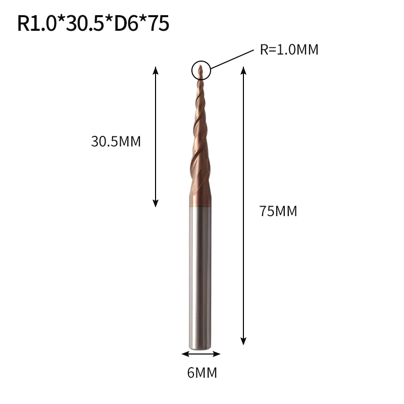 R1X30.5XD6X75L Augusttools конические сферические Концевые Фрезы HRC60 из карбида вольфрама с ЧПУ фрезерный станок для дерева, металла, фрезерования 3,175 мм 4 мм 6 мм 8 мм - Длина режущей кромки: R1X30.5XD6X75L