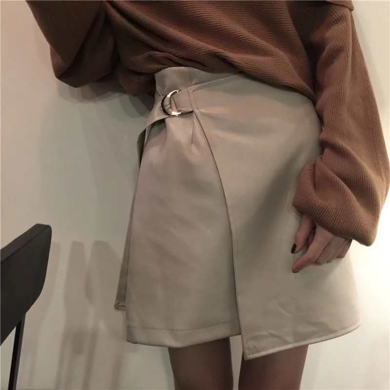 Высокая талия кожаные юбки Для женщин Элегантный спереди кольцо молния юбка