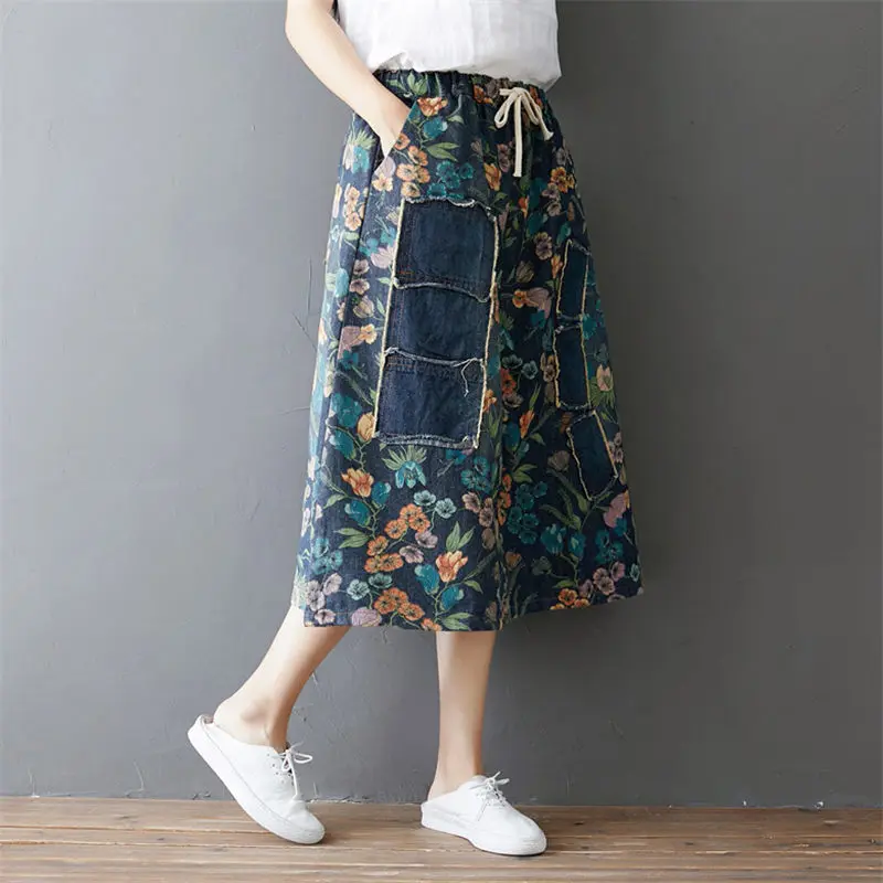 Женская джинсовая юбка с цветочным принтом длинная Повседневная Уличная