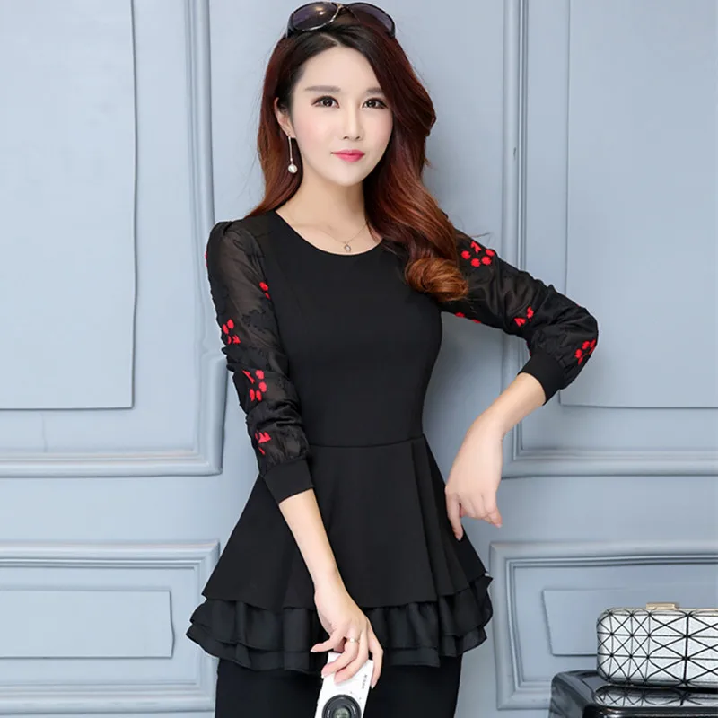 2017 Для женщин Новинка футболки женские с длинными рукавами и оборками одежда