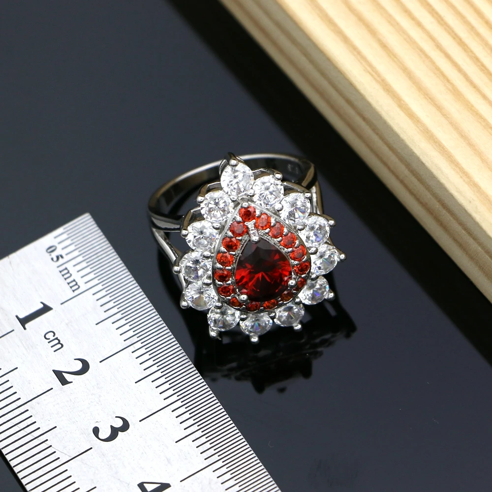 Костюм Ювелирные наборы Красный CZ Кристалл 925 серебро набор украшений для женщин серьги/кулон/Кольцо/браслеты/ожерелье наборы
