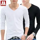 Мужская хлопковая футболка с длинными рукавами мужская белая футболка с v-образным вырезом Мужская одежда для мальчиков однотонные Базовые Рубашки S M L XL XXL 3XL 4XL 5XL