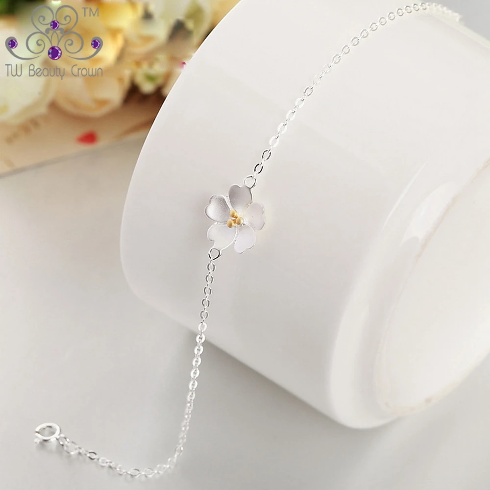 Новинка 2017 Настоящее серебро 925 пробы с цветком вишни цепочка и звеньями браслеты