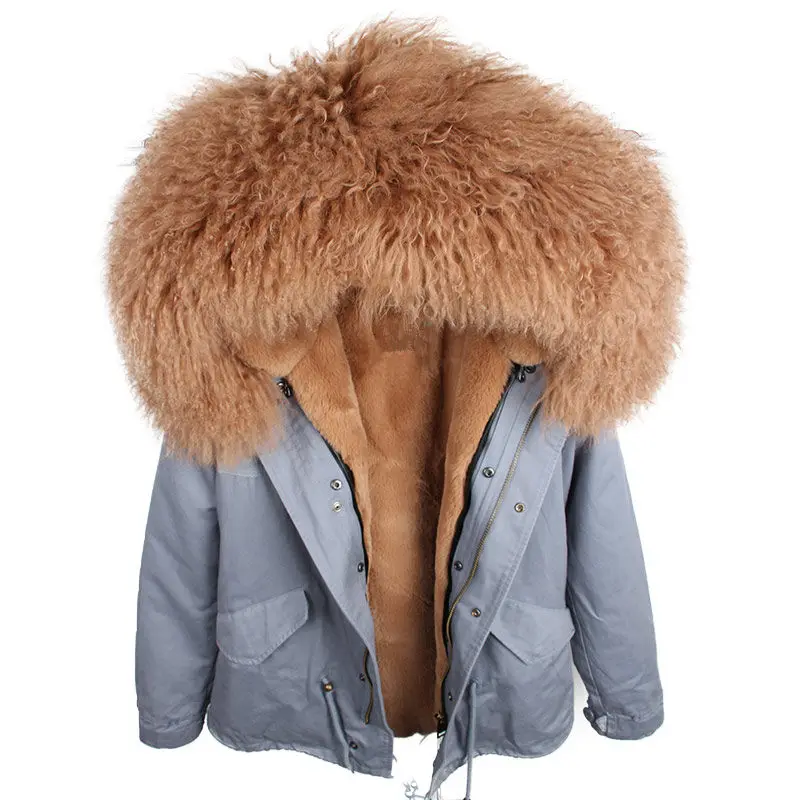 grey brown Parka Real Fur Coat Winter Jacket Women Real Mongolia Sheep Fur Parkas Thick Warm Luxury Detachable Outerwear Streetwear - Цвет: grey brown