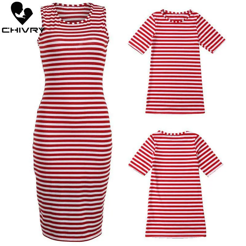 Новинка 2019 летние платья для мамы и дочки платье в полоску без рукавов миди