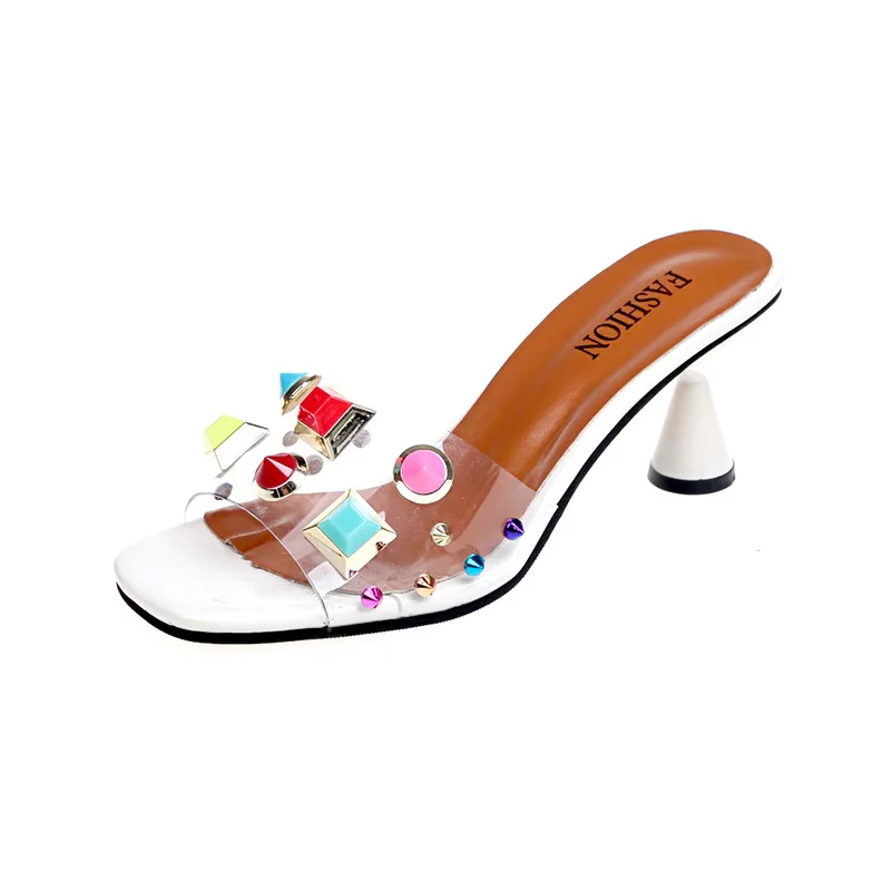 Женские тапочки с открытым носком блестящие сланцы высокий каблук шпилька