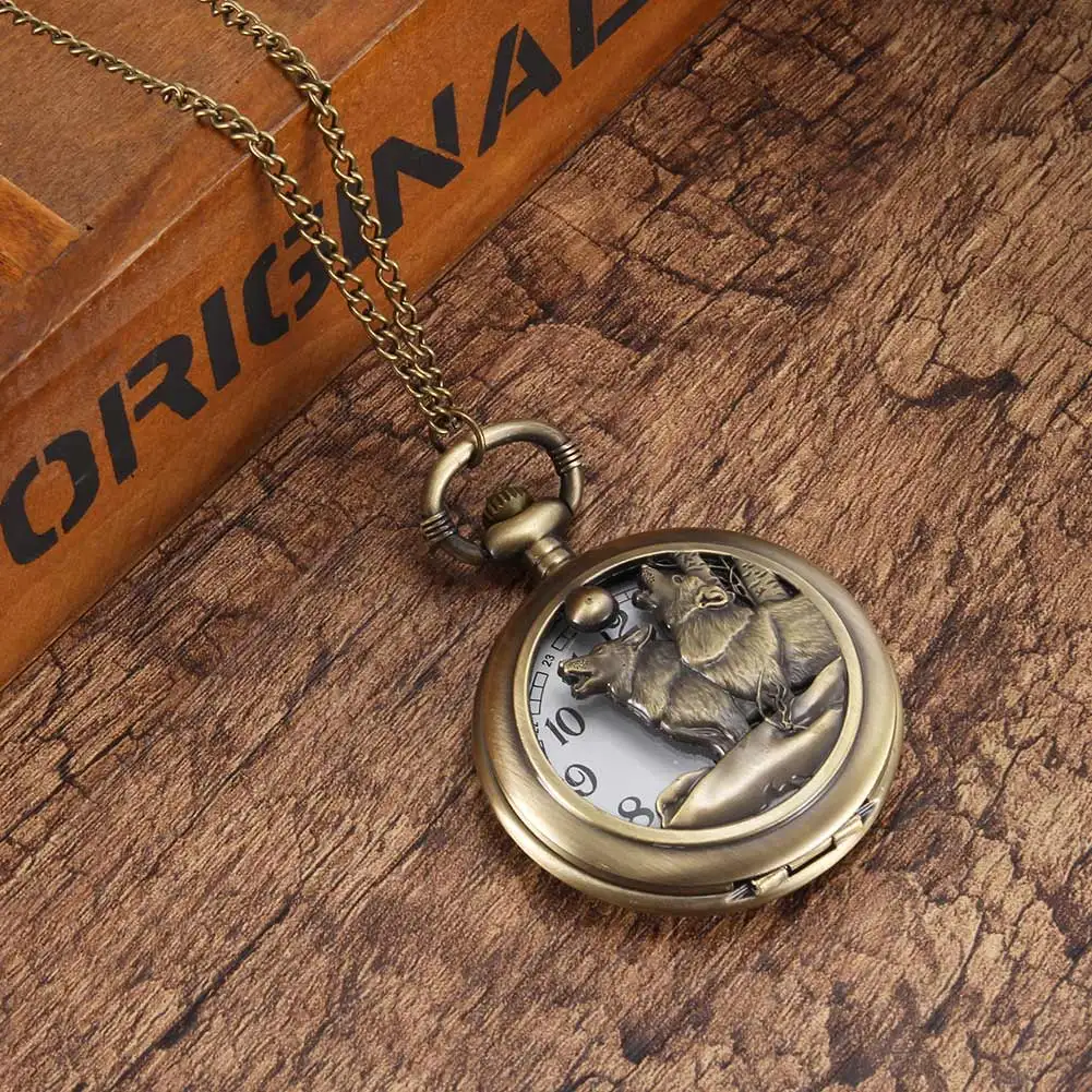 

Vintage Pocket Watch Bronze Color Quartz Watch Cool Chain Hollow Wolf Cover Watches LXH